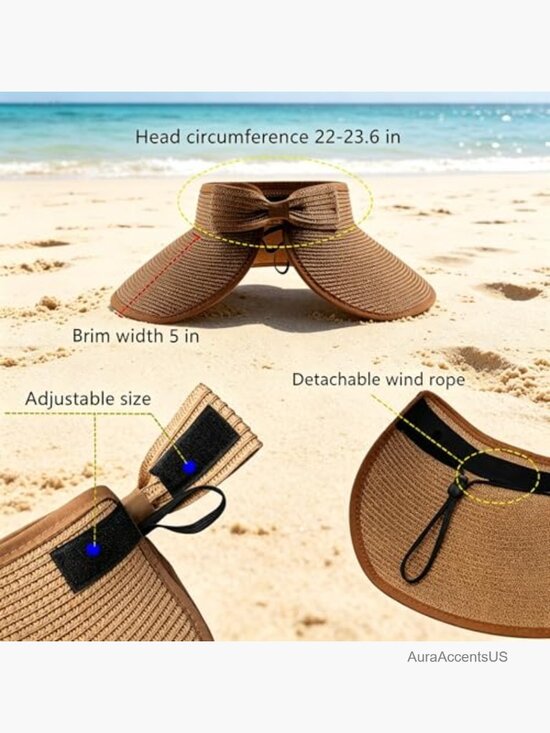 Adjustable Wide Brim Straw Sun Visor Hat UPF50+ Packable Beach Golf